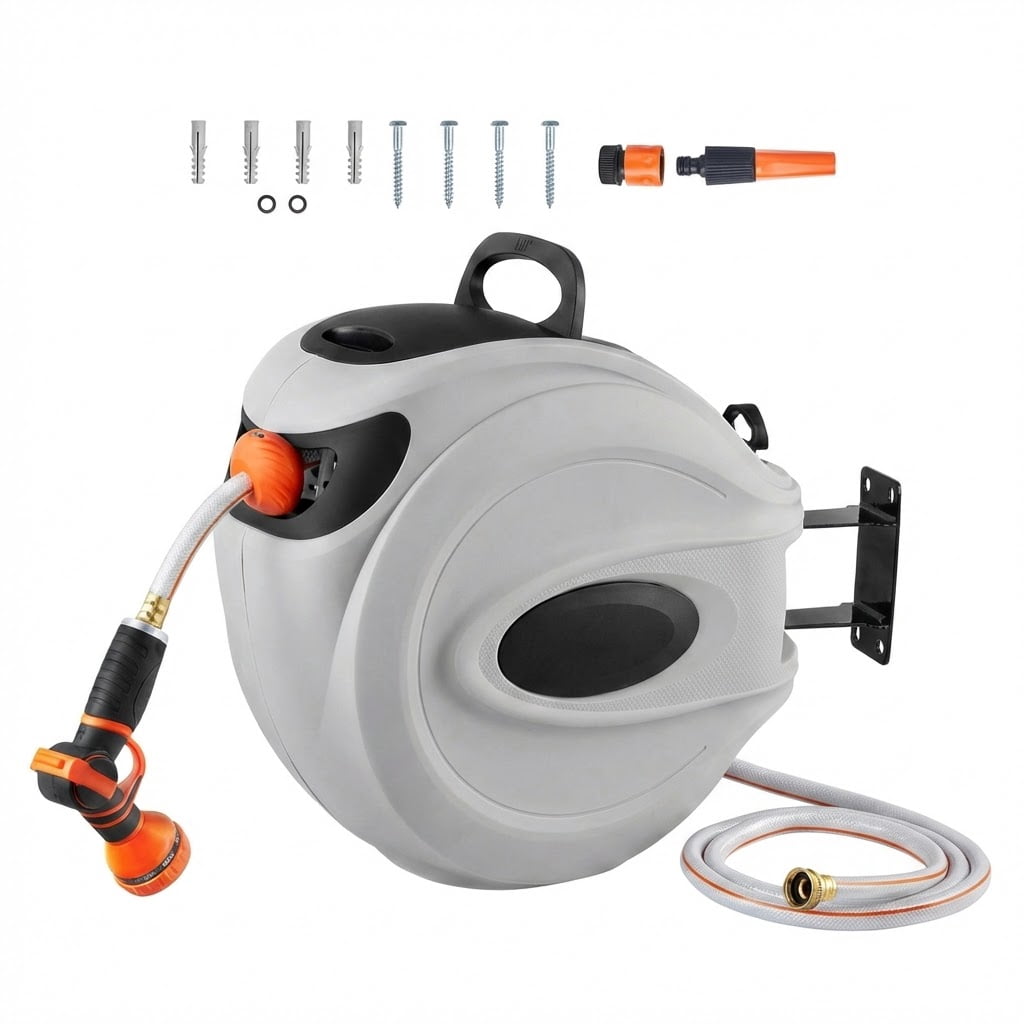Retractable Hose Reel 100 Ft X 0.5 Inch Garden Water Hose With 9-Pattern Nozzle,180° Swivel Bracket