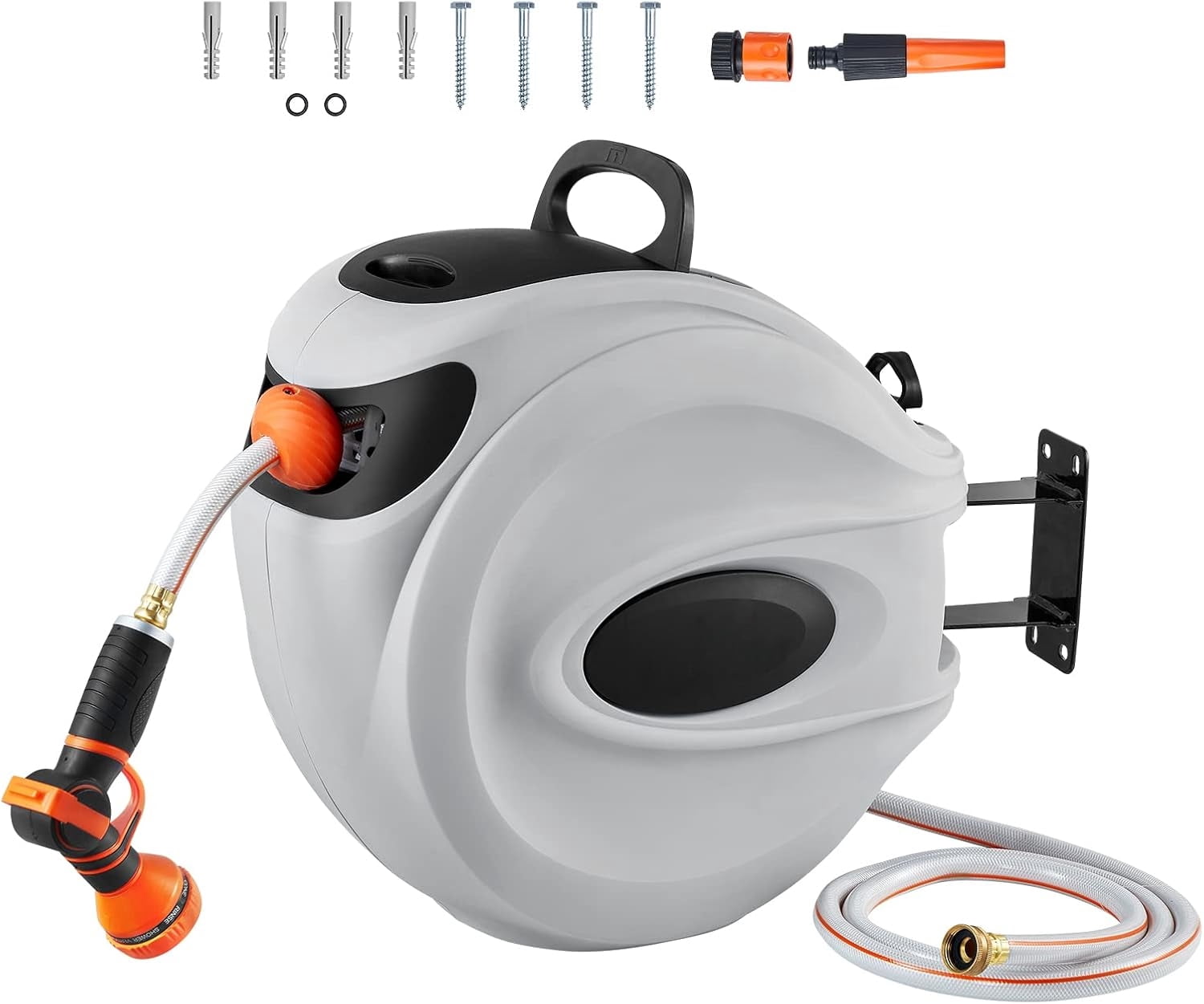 Retractable Hose Reel, 115 ft x 1/2 inch, Garden Water Hose Reel with 9-Pattern Nozzle, 180 °   Swivel Bracket Wall-Mounted, Automatic Rewind, Lock at Any Length, with Slow Return System
