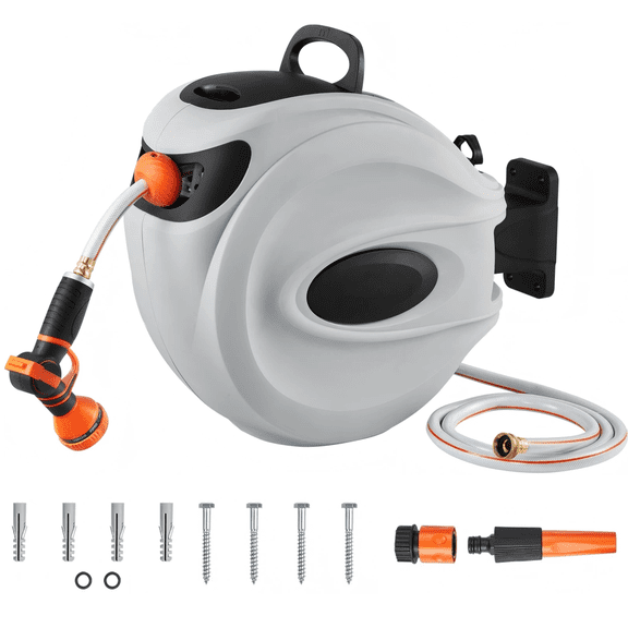 Retractable Hose Reel 65 ft x 5/8 inch, Wall-Mounted Garden Hose Reel with 180 Swivel Bracket, 9-Pattern Nozzle, Automatic Rewind, Lock at Any Length, Slow Return System