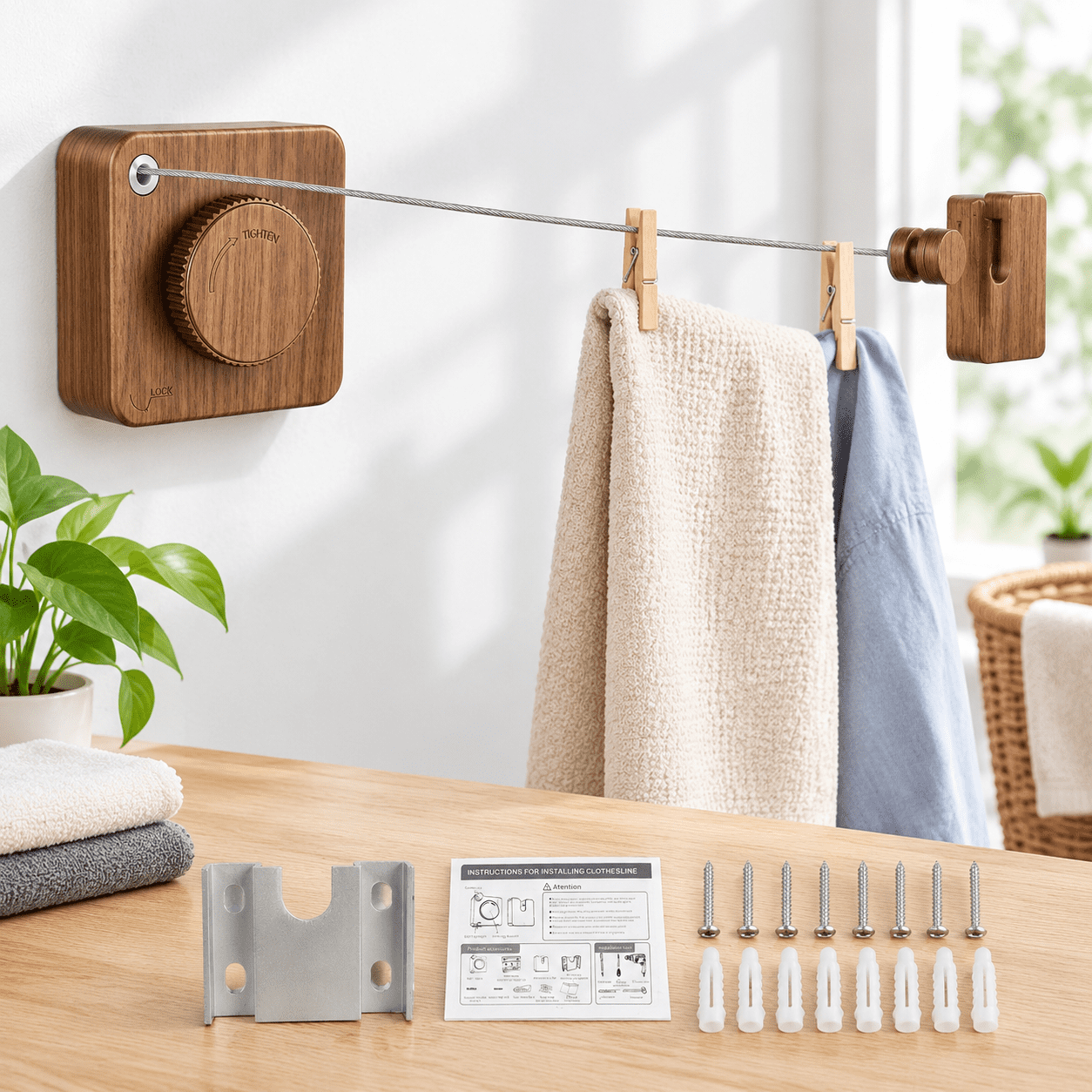 Retractable Indoor Outdoor Clothesline, 16.7 Ft Wood-Toned Wall Mounted ...
