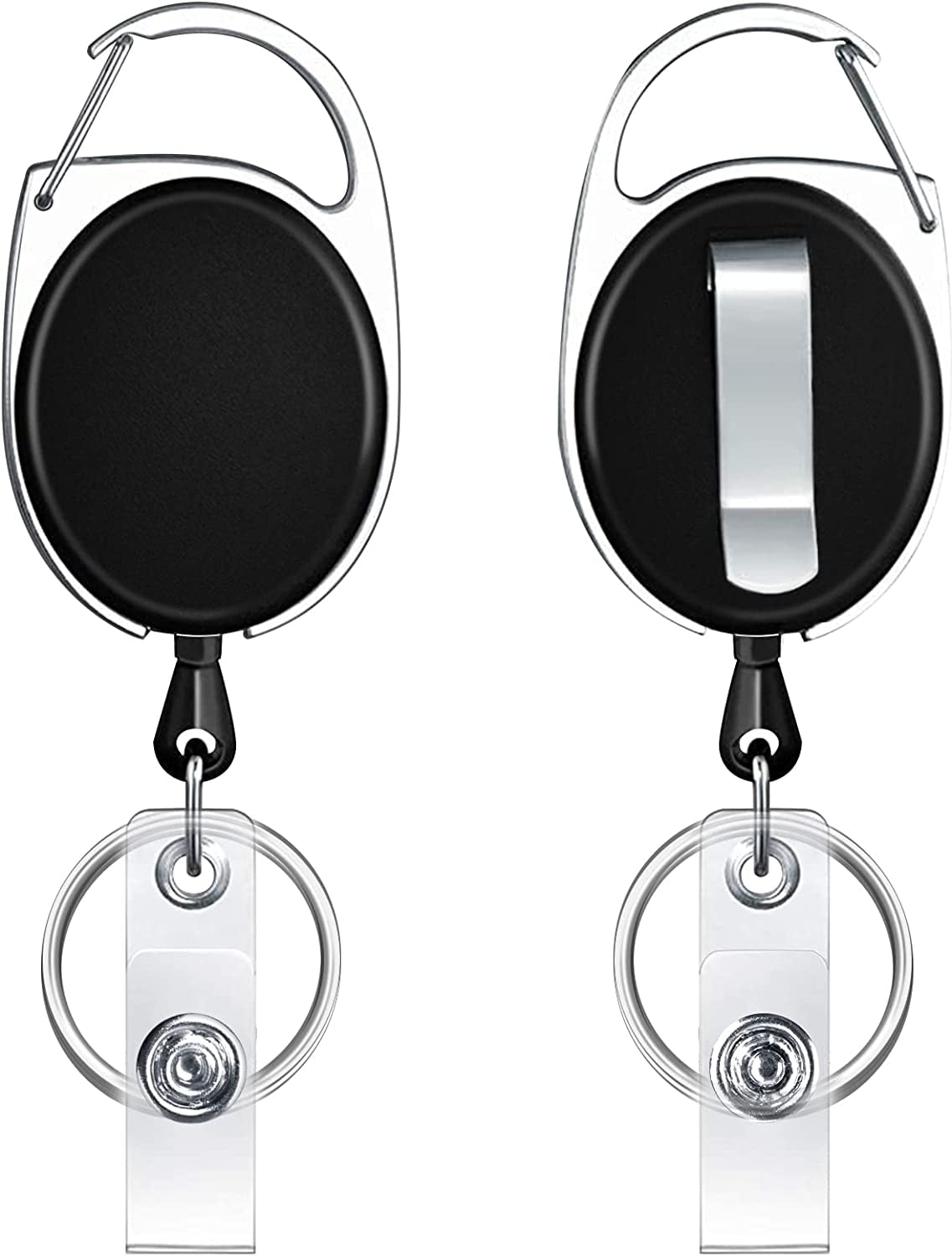 2 Pack Retractable Keychain & Badge Holder Reel - Heavy Duty With Steel Cable, Carabiner Clip (Black & Orange)