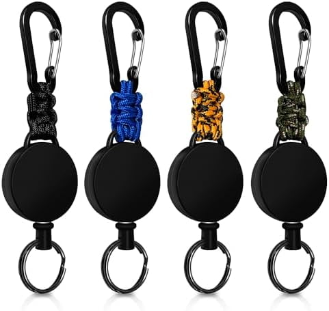 Retractable Keychain 4 Pieces Heavy Duty Carabiner Badge Holder Retractable Badge Reel ID Holder Extendable Key Ring Key Holder (Black + Green + Blue + Orange-Black)