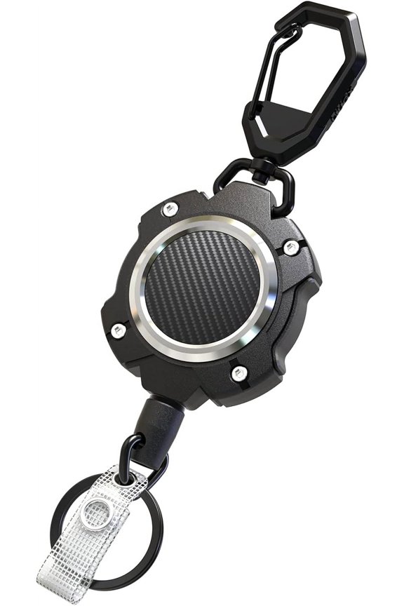 Retractable Keychain, Heavy Duty Carabiner Key Chains, 10,000+ Rebound, Impact Resistance Tactical ID Badge Reel with 31.5” Wire Rope and Key Ring, Up to 8oz, Aluminum Ring, Carbon Fiber-Texture