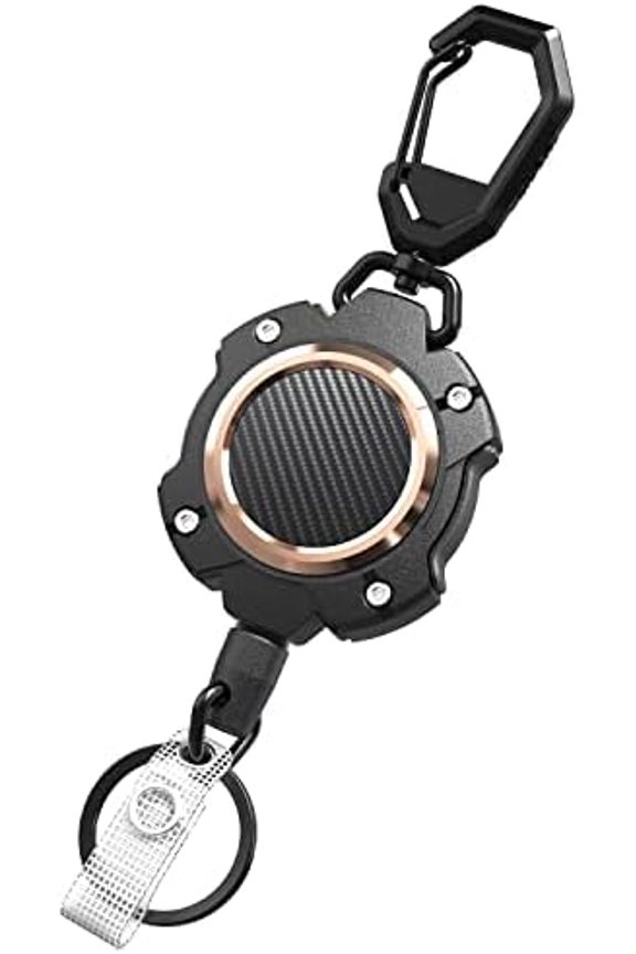 Retractable Keychain, Heavy Duty Carabiner Key Chains, 10,000+ Rebound, Impact Resistance Tactical ID Badge Reel with 31.5” Wire Rope and Key Ring, Up to 8oz, Aluminum Ring, Carbon Fiber-Texture