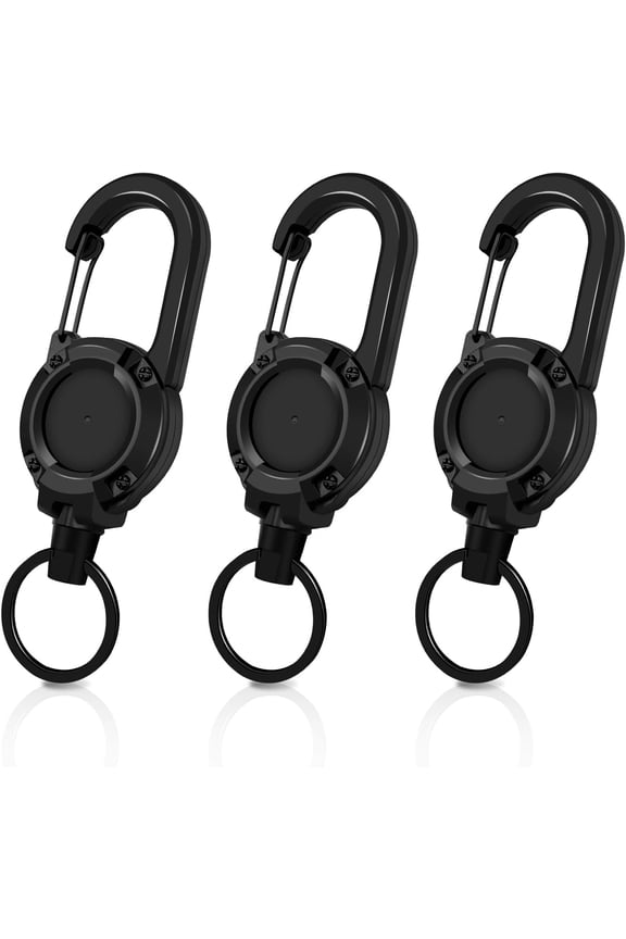 Retractable Keychain with Carabiner 60cm Extendable Key Ring for Work Outdoor Travel Black, 3 Pack