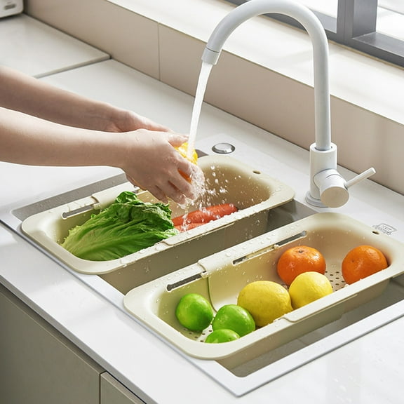 Retractable Kitchen Sink Colander Basket - Foldable Vegetable Washing Strainer, Two-Tier Dish Drying Rack, Space Saving Counter Organizer Multifunctional