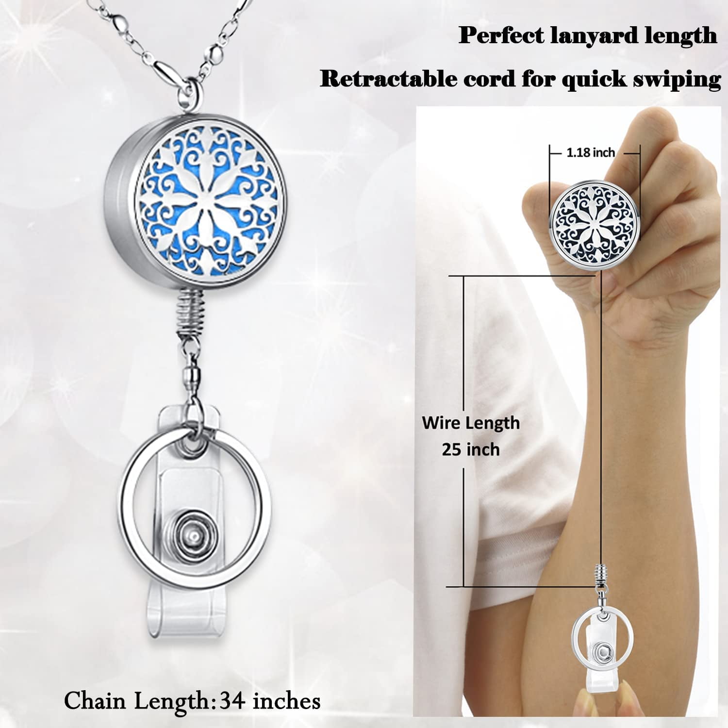 Retractable Lanyard ID Badge Holder Necklace Cute Teacher Lanyard Nurse  Accessories Work Office Diffuser Jewelry Strong Silver Chain Badge Reels  Lanyards for ID Badges Women Employee Mandala 