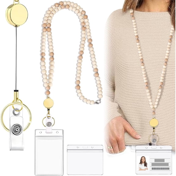 Retractable Lanyards for ID Badges,Wooden Stone Bead Teacher Lanyard with Id Badge Holders,Creative Beaded Lanyards,with 2 Clear Card Holder,for Chains,Keys,Work ID,Eyeglass (Style C)