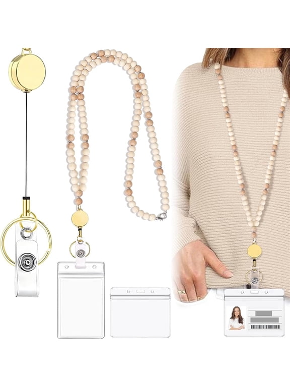 Retractable Lanyards for ID Badges,Wooden Stone Bead Teacher Lanyard with Id Badge Holders,Creative Beaded Lanyards,with 2 Clear Card Holder,for Chains,Keys,Work ID,Eyeglass (Style C)