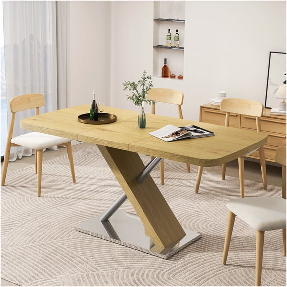 Retractable Leaf Dining Table with Cross Base, Natural Finish, MDF Top & Steel Frame, Seats 6