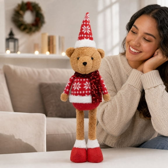 Retractable Leg Christmas Bear Decor, Adjustable Standing Stuffed Figurine for Fireplace Shelf and Windowsill, Plush Holiday Table Decoration