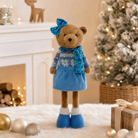 Retractable Leg Christmas Bear Decor, Stuffed Standing Bear With Snowflake Sweater, Stretchable Adjustable Legs Holiday Ornament, Winter Gift for Fireplace Shelf Tabletop Holiday Decor
