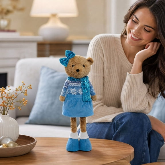 Retractable Leg Christmas Bear Plush Figurine, Stretchable Standing Teddy Bear with Snowflake Sweater, Boy & Girl Style Holiday Tabletop Decor