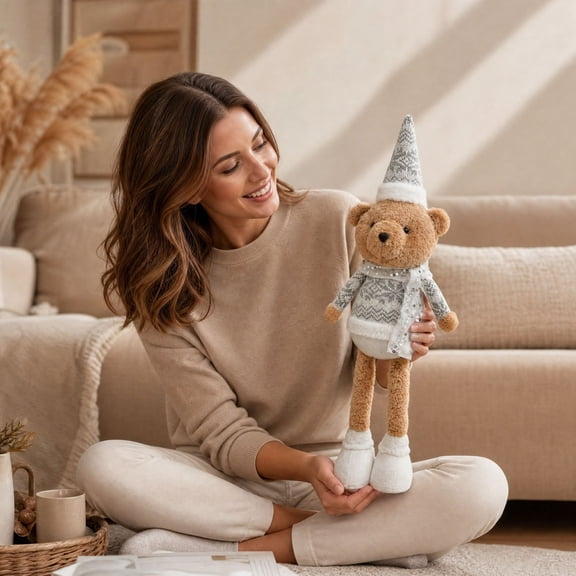 Retractable Leg Christmas Bear Stuffed Figurine Stretchable Standing Decor Figure Toy Gift, Cloth with Snowflake Sweater Sequin Scarf for Shelf Fireplace Home