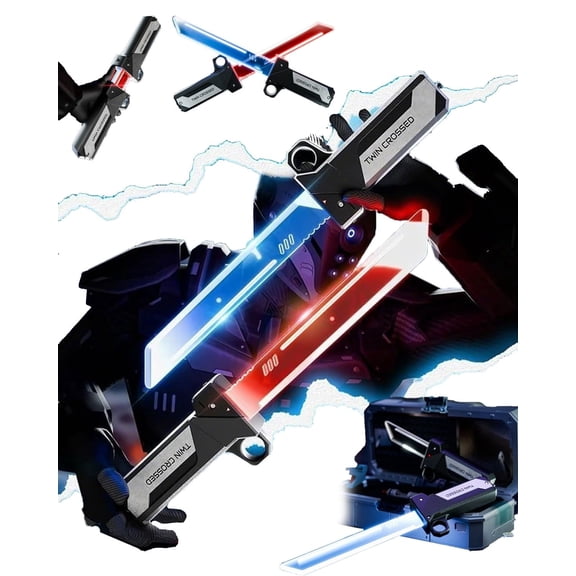 Retractable Lightsaber Dual-Color LED Light Saber,2-in-1 Reversible Fingertip Spin Hilt Sword,Connectable Double-Blade ,Plastic Cosplay Prop,Party Cool Lighting