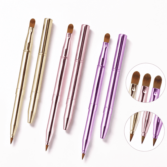 Retractable Lip Brush 3-Pack, Double-Ended Lipstick Applicators with Soft Fibrous Hair, Travel Size