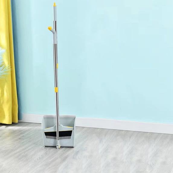 Retractable Long Handle Broom and Dustpan Set with Cleaning Teeth | Standing Dustpan for Indoor Outdoor Use | 41.3 Inch Broom for Kitchen Office | Blue or Gray | 1 Set