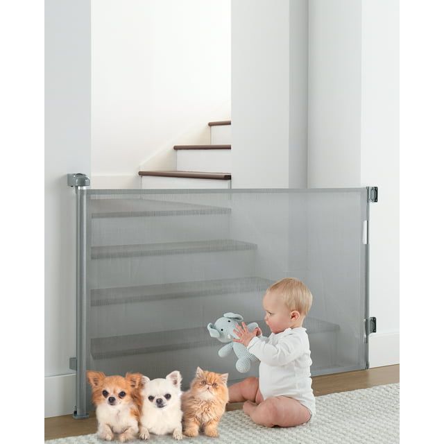 Retractable Mesh Baby & Dog Pet Safety Gate for Stairs & Doorways - 33" Tall, Extends to 55" Wide - Indoor & Outdoor Child Gates for the House, Gray