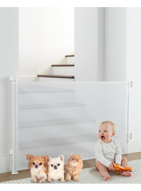 Retractable Mesh Baby & Dog Pet Safety Gate for Stairs & Doorways - 33" Tall, Extends to 55" Wide - Indoor & Outdoor Child Gates for the House, White