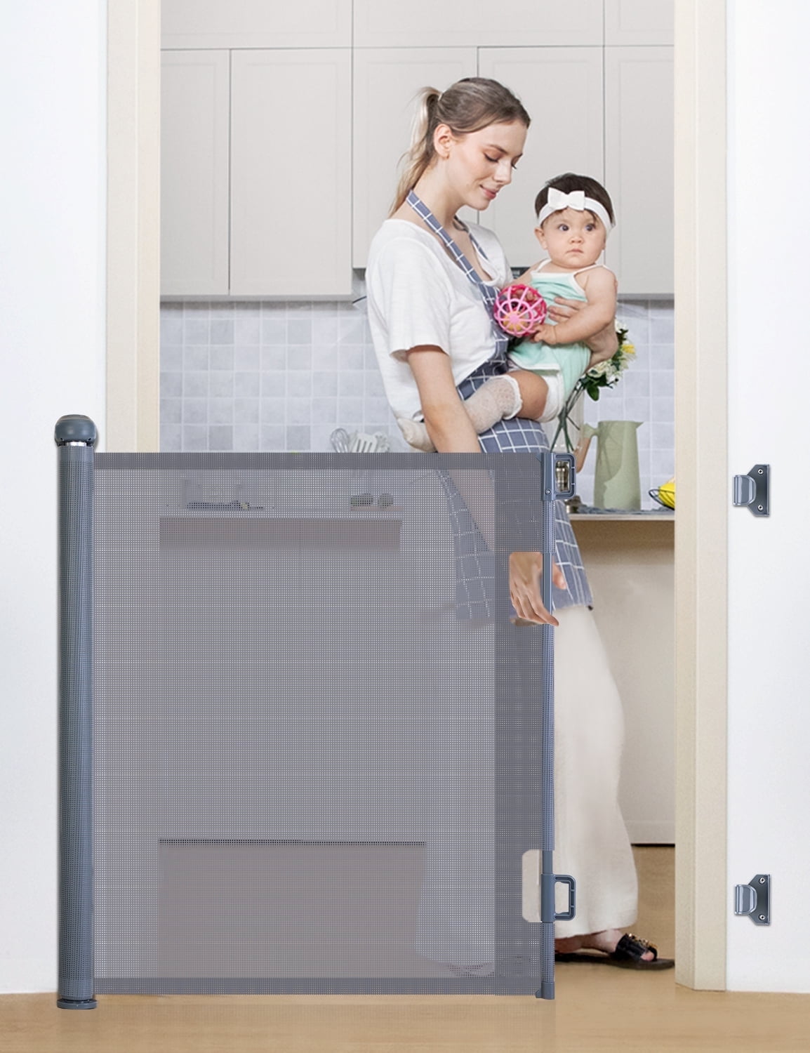 Gray Retractable Mesh Baby and Pet Safety Gate, 33'' Tall, Extends to 71'' Wide