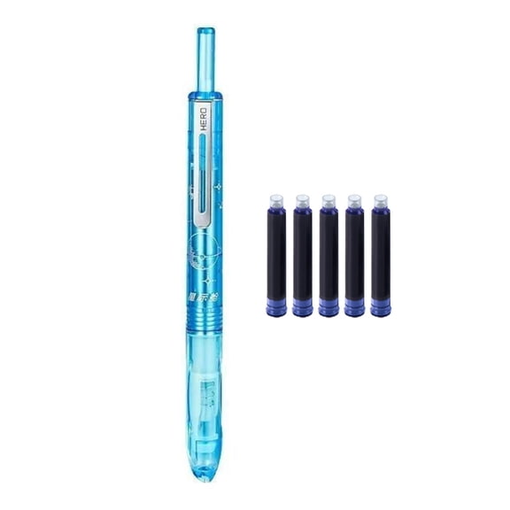 Retractable Metal Inks Pen with 5 Inks Sacs 0.38MM Tip Ergonomic Grip Press Fountain Pen for Art Handwriting Journaling