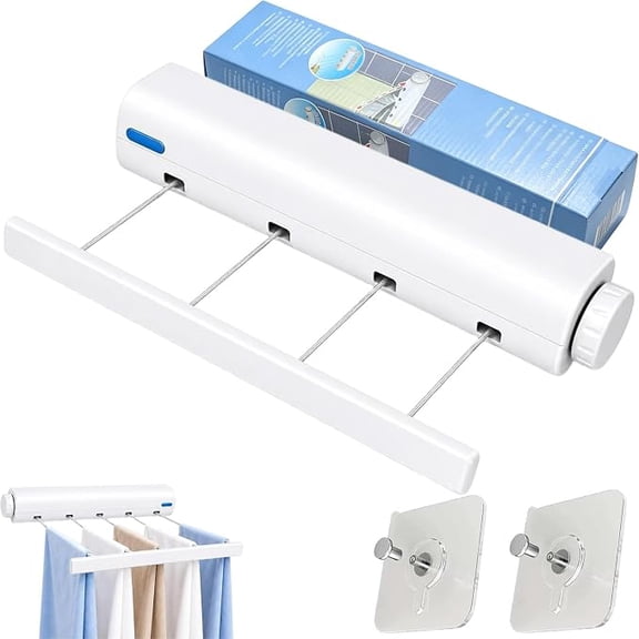 Retractable Multi-Line Clothesline Dryer, 5 Line 12.3Ft, with No-Drill Adhesive Screw Kit, Retractable Clothesline Outdoor Indoor, Space Saving Cloth Drying Line for Balcony Laundry (1PC*4 Line)