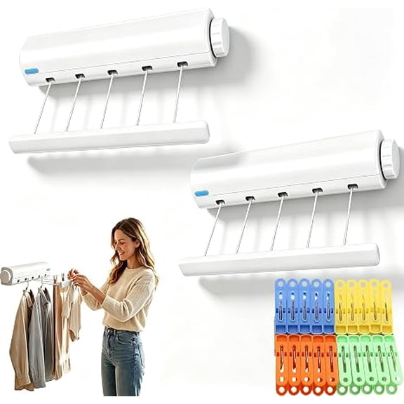 Retractable Multi-Line Clothesline Dryer, Heavy-Duty Retractable Clothesline Dryer, Outdoor Wall Mounted 4/5-Line Dryers for RV Balcony Courtyards Indoor Hanging Wet Dry Clothing (2PC*5-Line)
