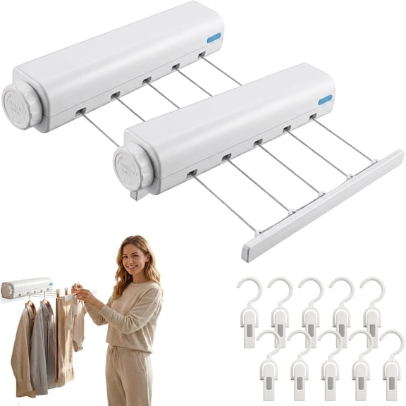 Retractable Multi-line Clothesline Dryer, Heavy Duty Clothes Line Outdoors & Indoors, Space Saving Retractable Laundry Line, Wall Mounted Drying Rack for College Dorm, Bathroom (2Pcs 5ropes)