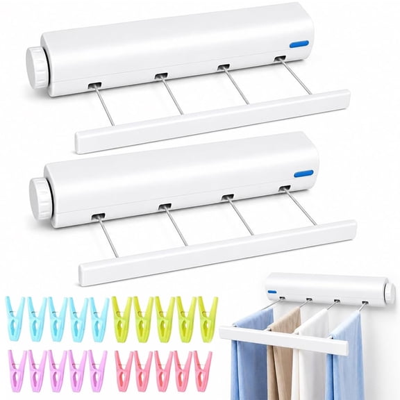 Retractable Multi-line Clothesline Dryer, Heavy Duty Retractable Clothesline Outdoor, Portable Space‑Saving Clothes Line with Hooks, Automatic Laundry Drying Rack for Balcony