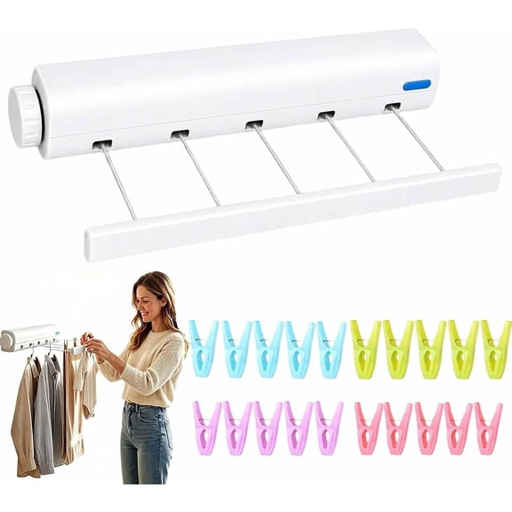 Retractable Multi-line Clothesline Dryer, Retractable Clothesline Outdoor Indoor, 5 Line 12.3Ft Wall‑Mounted Clothes Line Slim Space‑Saving Laundry Rack for Bathroom, Balcony Laundry ,5 Line 12.3Ft