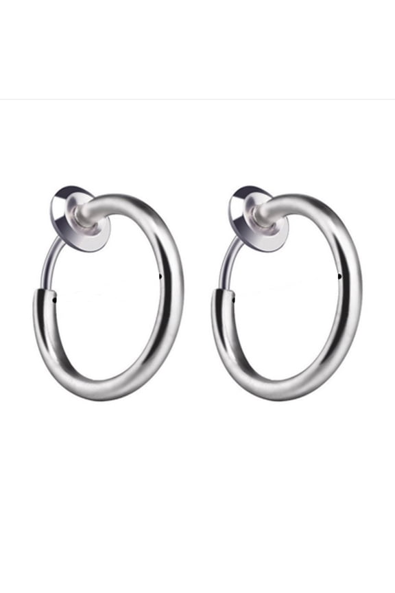 Retractable No-Piercing Earrings 13mm, ZzCityTK Classic Hip-Hop Hoop Earrings for Men Women, Titanium Steel Clip-On Ear Cuffs with Adjustable Clasp, Silver