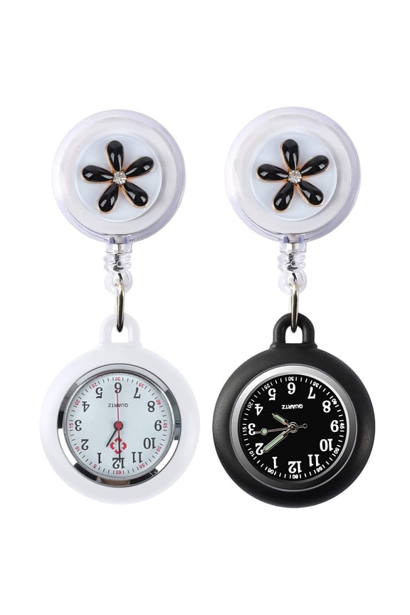 Retractable Nurse Fob Watch for Nurses Doctors Paramedics, 2 Pcs Luminous Clip-on Hanging Lapel Pocket Watches with Cute Flower Pattern, Pointer Glow in Dark