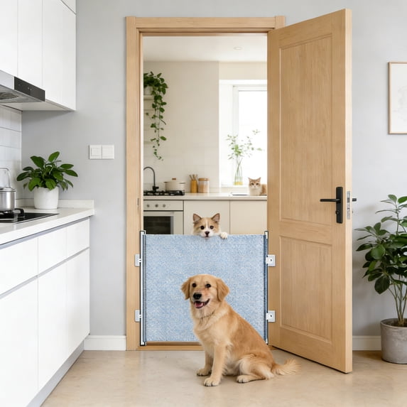 Retractable Pet Gate Mesh Screen Barrier No-Drill Install with 3 Hooks and Locators for Doorways Stairs 22.8 Inch