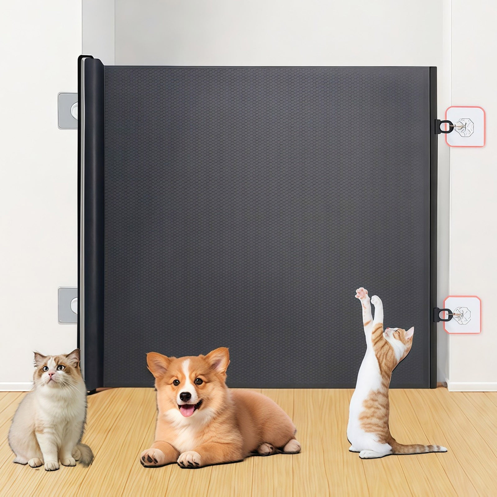 Retractable Pet Gate, No Drill Mesh Safety Barrier, Extendable Dog & Cat Gate for Stairs, Doors, and Indoor Spaces