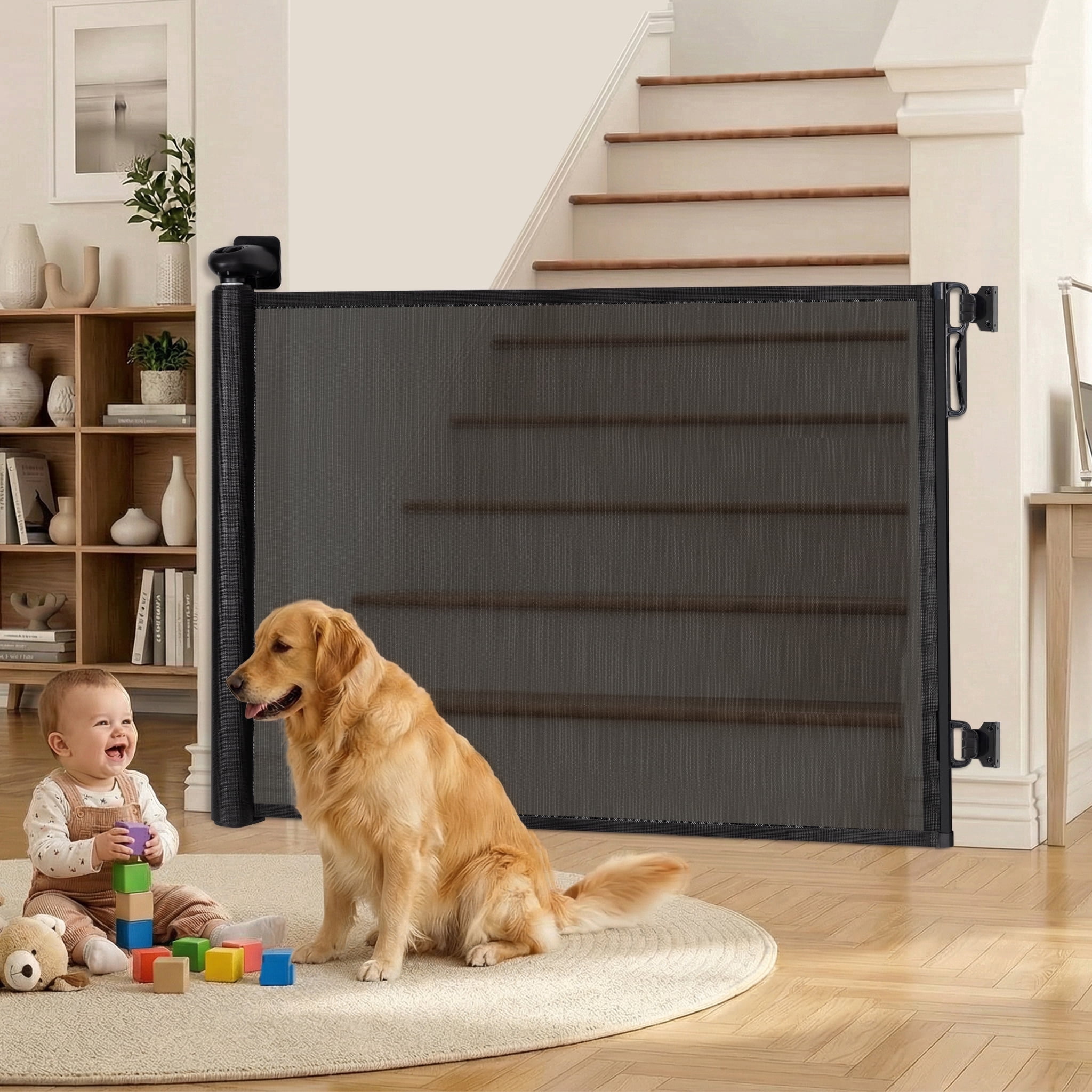 Retractable Pet Gates, Child & Dog Gates for Stairs, Extends to 71" Wide, 34" Tall, Use for Outdoor, Indoor, Hallways, Doorways, Deck, Porch, Black