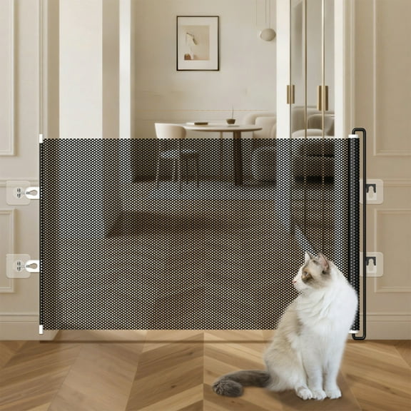 Retractable Pet Gates, Dog Gate for Stairs Pet Gates for House, Magic Indoor Mesh Doggy Door for Stairs and Doorways with Sticky Hooks and Stainless Steel Poles, 49.2" x 15.7"