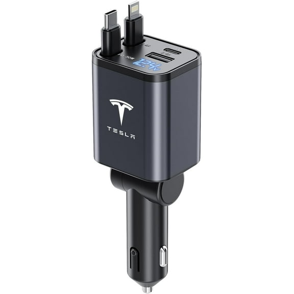 Retractable Phone Charger for Tesla Model Y 3 X S, Super Fast Phone Charger Adapter 4 in 1 69W, Compatible with Tesla Y 3 X S Accessories 2025-2017, 2.6ft,180 Adjustable,Voltage Display