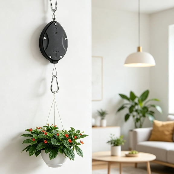 Retractable Hanger with Leaf Texture, Load Capacity Wire Rope, Quick Auto Lock, Adjustable Hook for Garden Baskets Pots, Birds Feeder and Grow Lights, Black