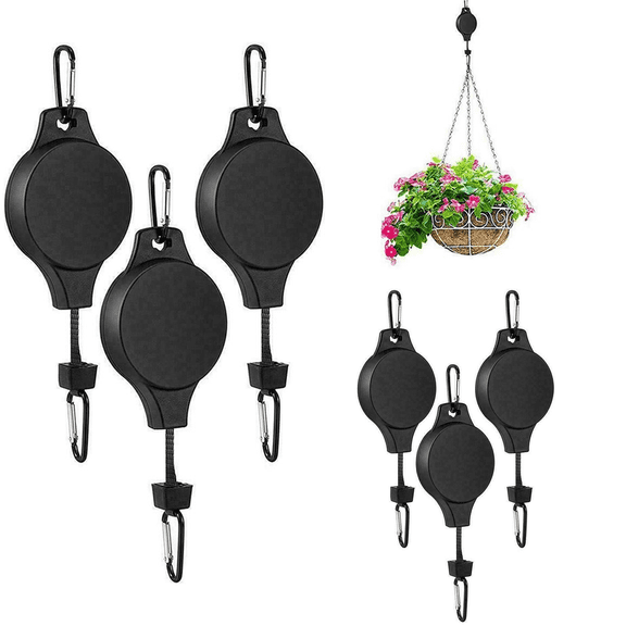 Retractable Plant Hanger with Pulley System 6-Pack Effortless Raise & Lower for Hanging Plants, Indoor Outdoor Planter, Garden Basket, Bird Feeder, Holds 15 lbs, Black