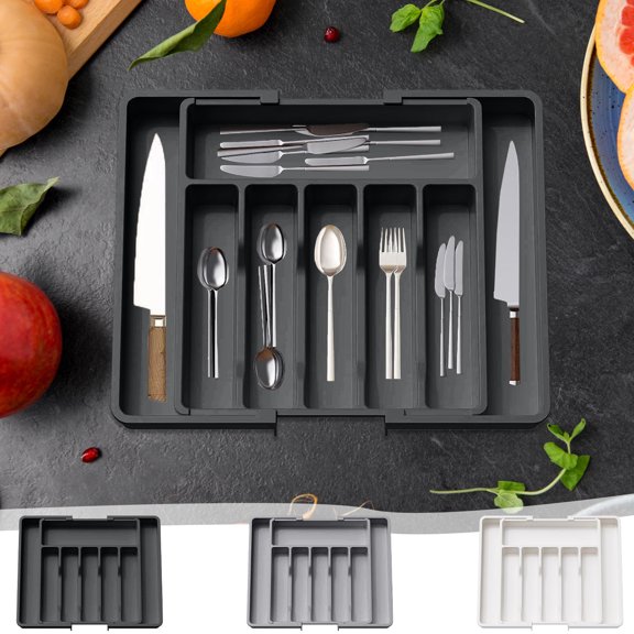 Retractable Plastic Cutlery Storage Box Gray White Adjustable Kitchen Utensil Organizer Compartment Home Use Space Saver