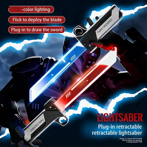 Retractable Plug-In Lightsaber Toy,Dual-Color LED Light Saber,2-in-1 Reversible Fingertip Spin Hilt Sword,Connectable Double-Blade Glory,Metallic Swung Play Cosplay Prop,Party Cool Lighting(1set)