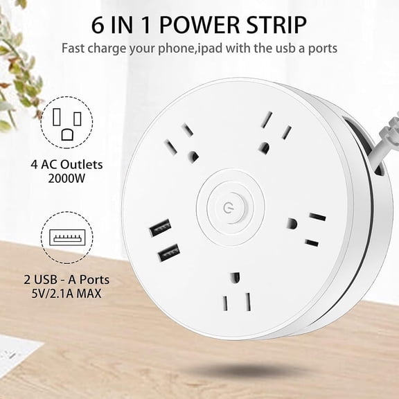Retractable Power Strip - 4 Outlet Flat Plug Strip with Smart 2 USB, 5.9 FT Long Extension Cord, 125V/10A, Portable & Neat for Travel/Home /Office, White
