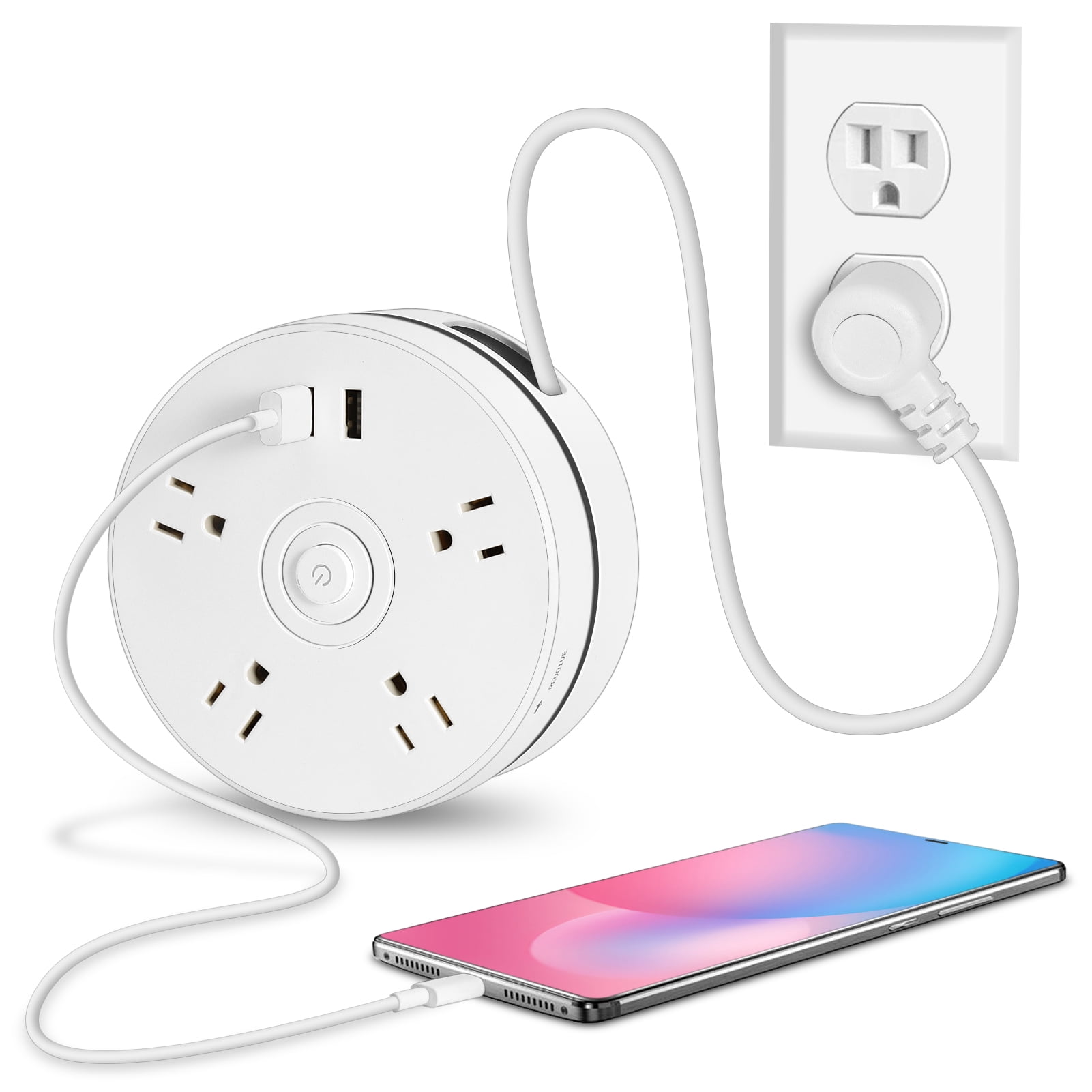 Retractable Multi Electric Power Strip with 4 Outlets, 2 USB Ports, Flat Plug, 6ft Cord for Home