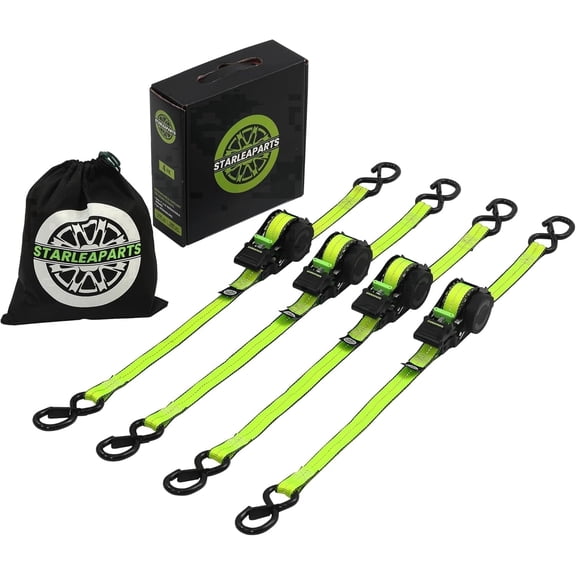 STARLEAPARTS Retractable Heavy Duty Ratchet Straps, 4-pack Green, 12ft Length, 1500LBS Break Strength, Safety Lock S Hooks, Auto Tie Downs For Cargo, Truck, Trailer, Motorcycle & Boat