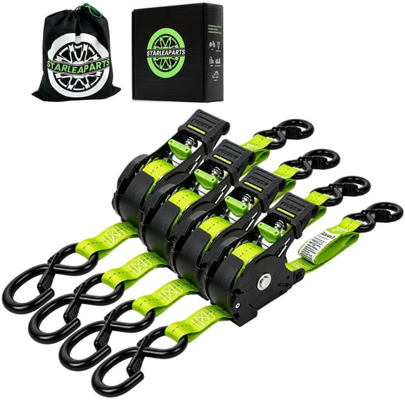 Retractable Ratchet Straps STARLEAPARTS, 1500lb Break Strength, 1" x 12' Auto Retractable Heavy Duty Ratchet, Safety Lock S Hooks, Carry Bag (Green 4 Pack)