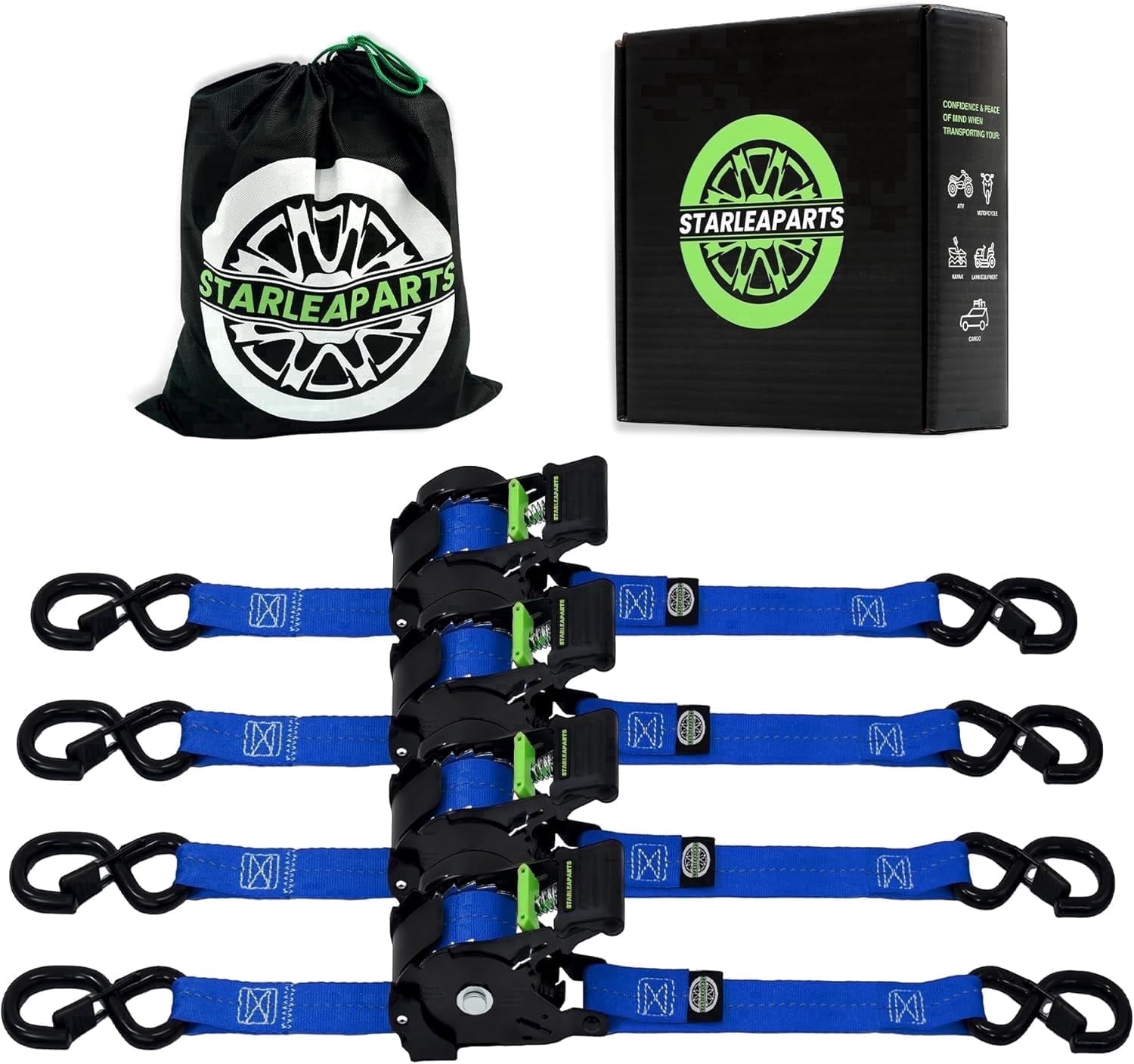 Retractable Ratchet Straps -1,500LBS Break Strength,Heavy Duty Ratchet Straps with Safety Lock S Hooks,Auto Tie Down Straps for Cargo, Truck, Trailer, Motorcycle, Boat,4-Pack,Blue