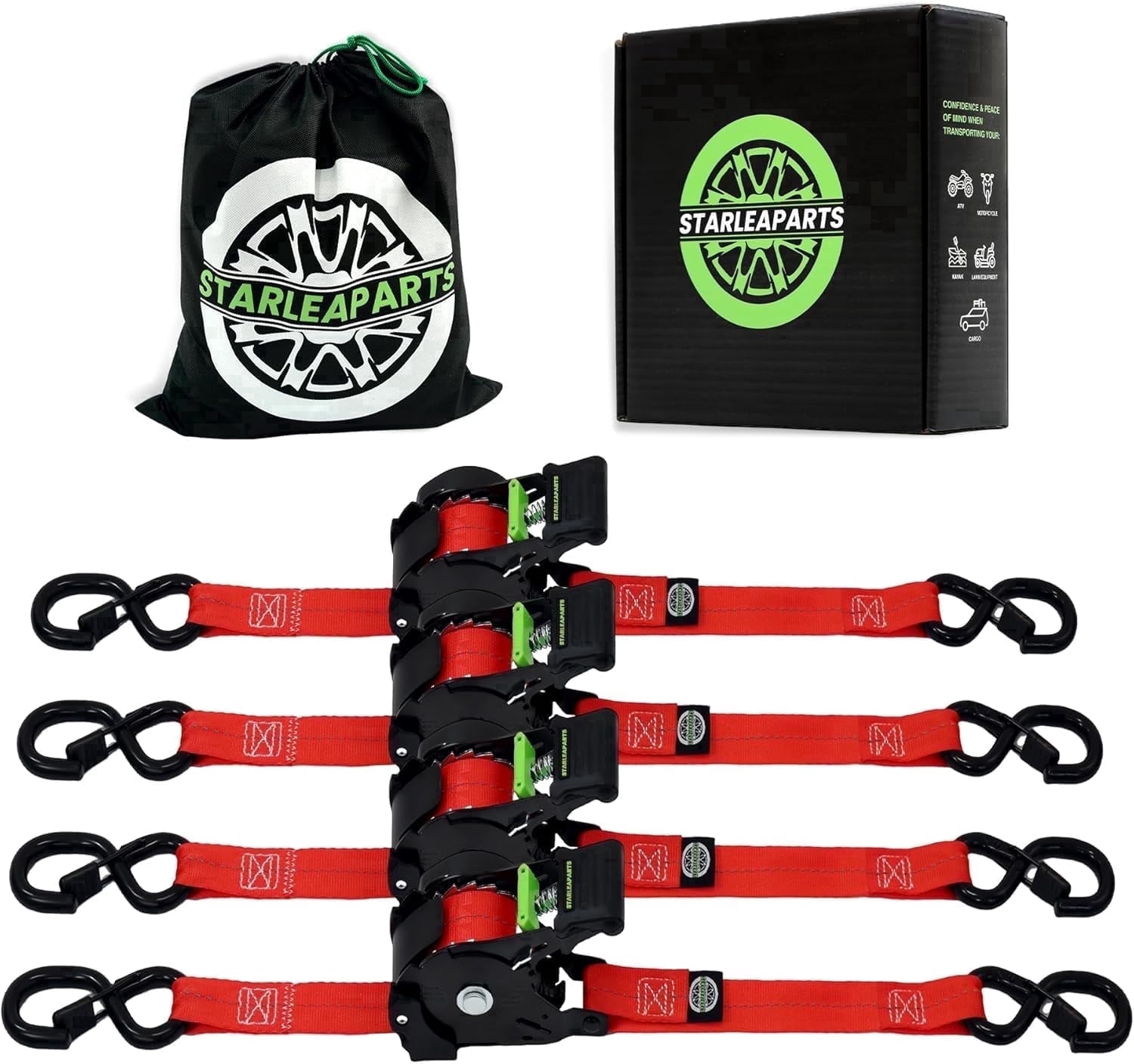 Retractable Ratchet Straps -1,500LBS Break Strength,Heavy Duty Ratchet Straps with Safety Lock S Hooks,Auto Tie Down Straps for Cargo, Truck, Trailer, Motorcycle, Boat,4 Pack,Red