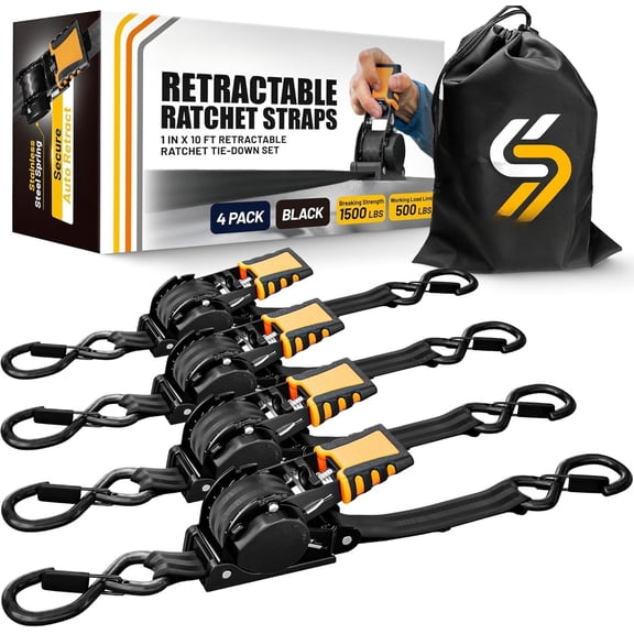 Retractable Ratchet Straps 1 in x 10 ft, Secure Tie-Downs with Rubber-Coated Handles, for , Jetski, Kayak, Breaking Strength 1,500LBS/680KG (Black Strap, Black Coated)