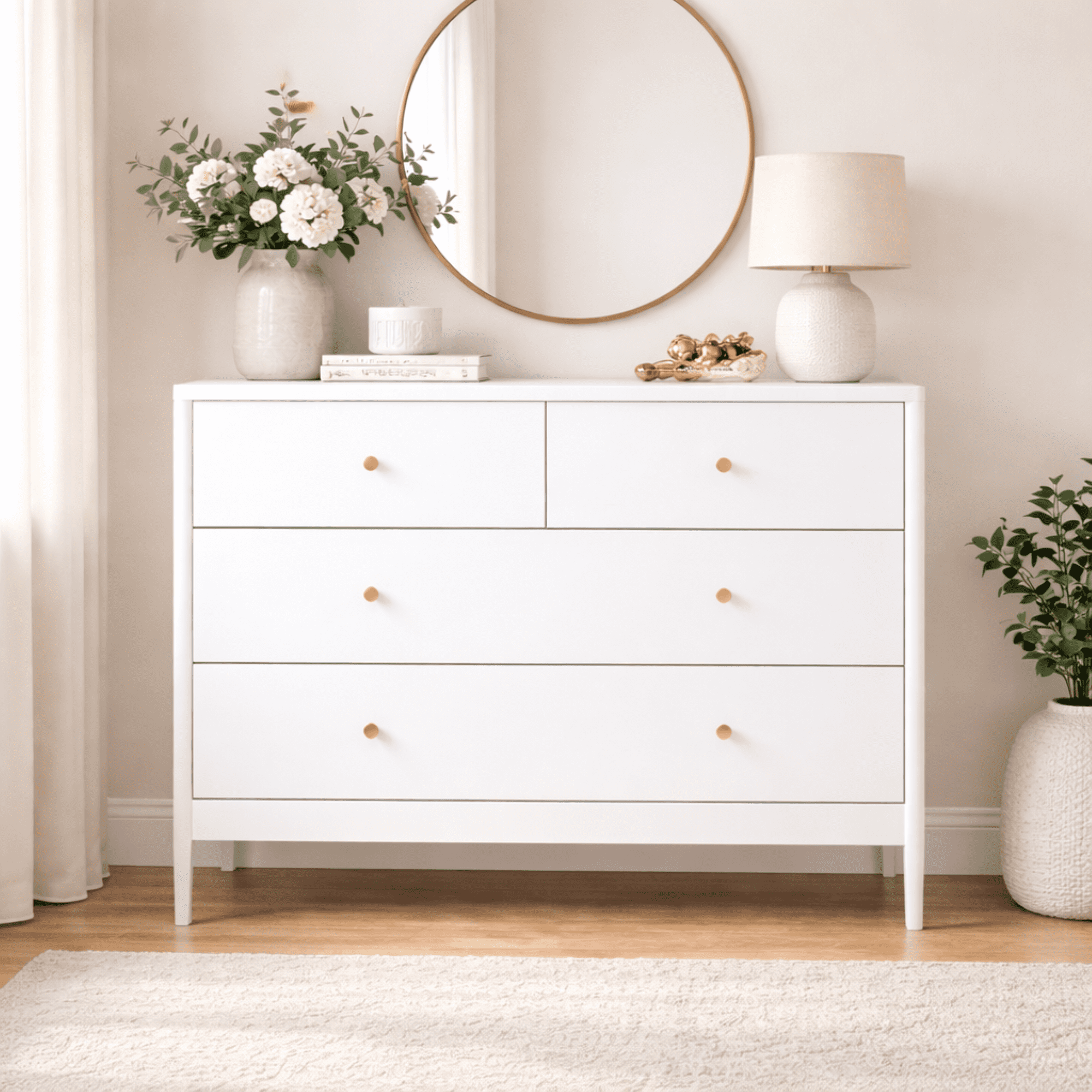 White Kids Dresser with 4 Drawers Antique Brass Pulls Anti-Tip Nursery Bedroom Storage