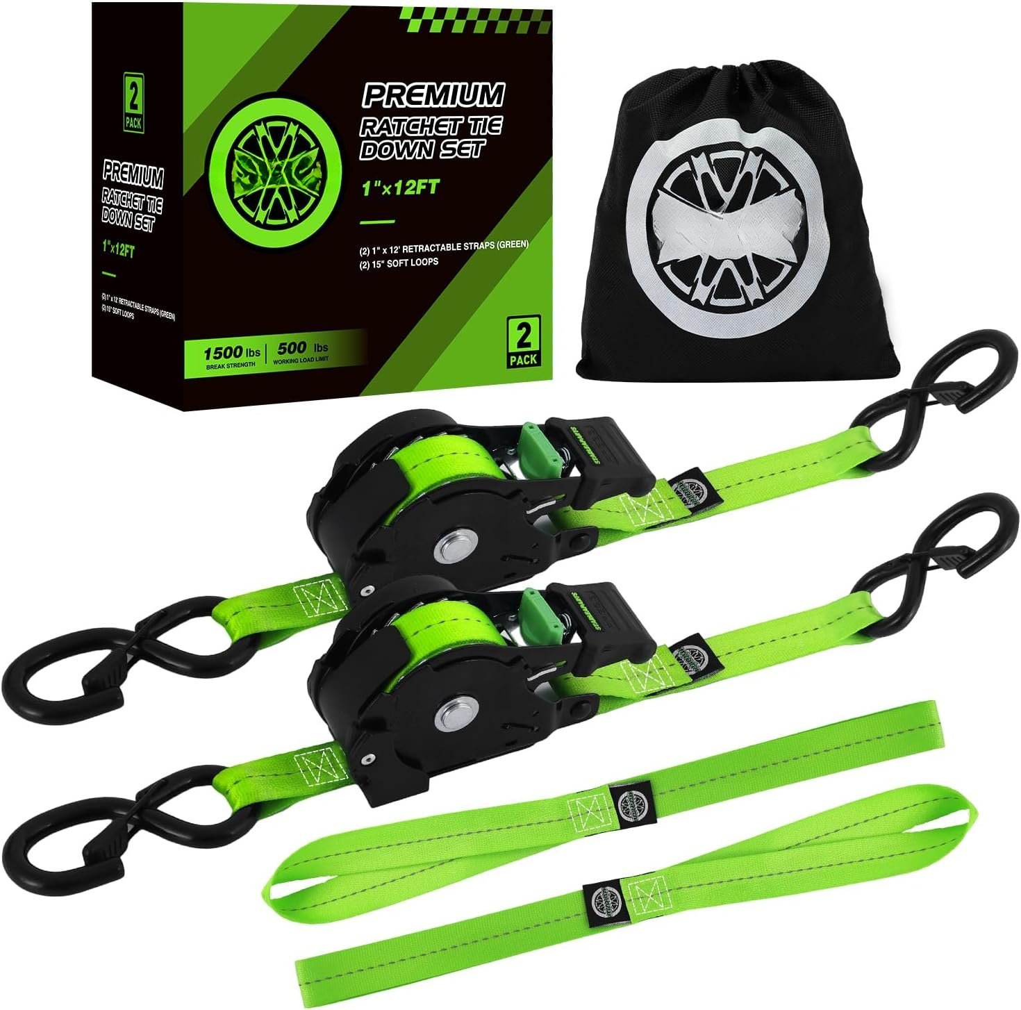 EYPINS Auto Retractable Ratchet Straps – 1 Inch X 11 Feet, 1411 Lb Break Strength, 4-Pack With Soft Loop Straps, Alloy Steel, For Cargo, Motorcycle, Trailer